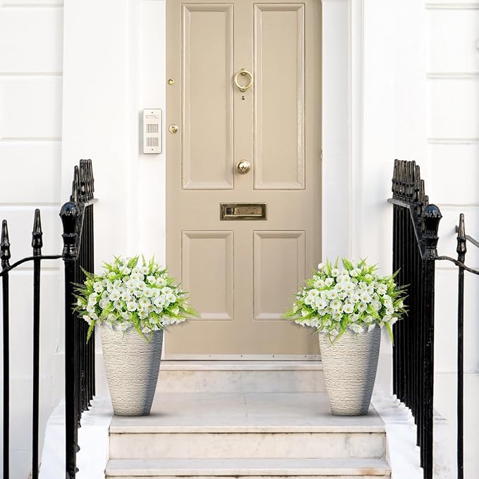 Artificial Flowers for Outdoors 12 Bundles White Artificial Petunias Fake Flowers UV Resistant Shrubs Plants with Fern for Indoor Outside Hanging Planters Home Garden Spring Decorations