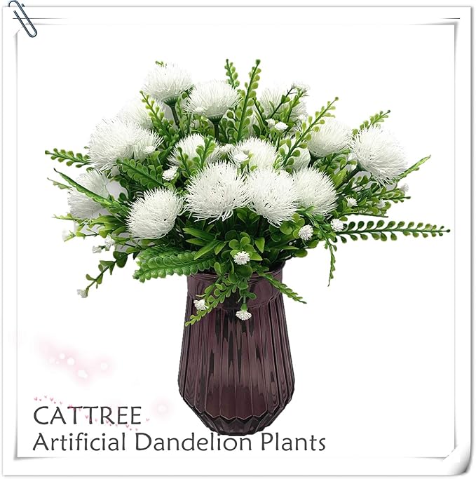 CATTREE Artificial Dandelion Plants, Plastic Flowers Shrubs Bushes Fake Grass Wedding Indoor Outdoor Home Garden Arrangements Party Decoration Planting Filler White 4 Pack