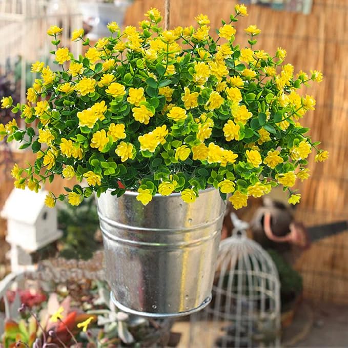 Grunyia 10 Bundles Artificial Fake Flowers, Faux Outdoor Plastic Plants UV Resistant Shrubs Outside Indoor Decorations (Yellow-Eucalyptus)