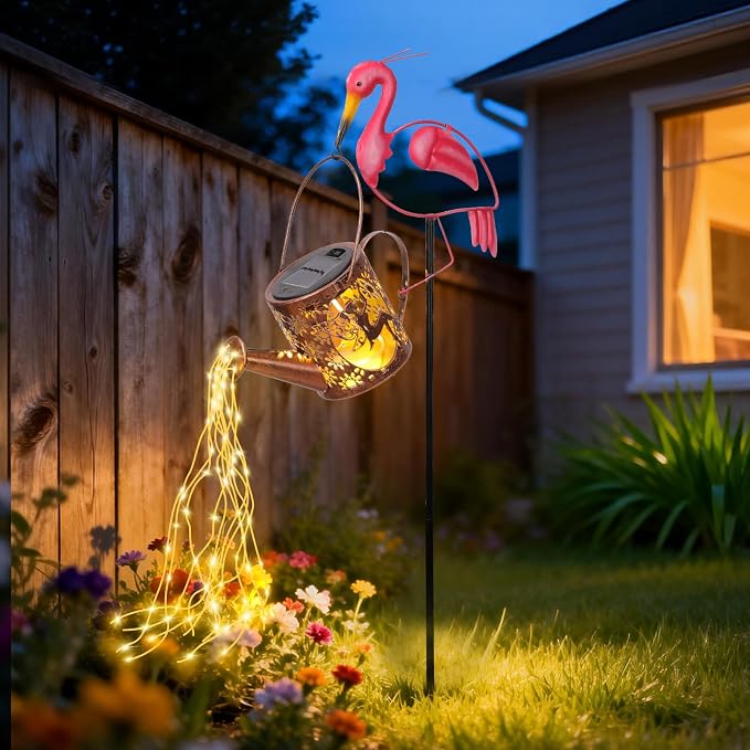 LOVERUIS Garden Statues with Solar Watering Can Lights, Cute Outdoor Garden Decor for Patio Yard Lawn Ornaments, Unique Gift for Women Mom Grandma (Flamingo)