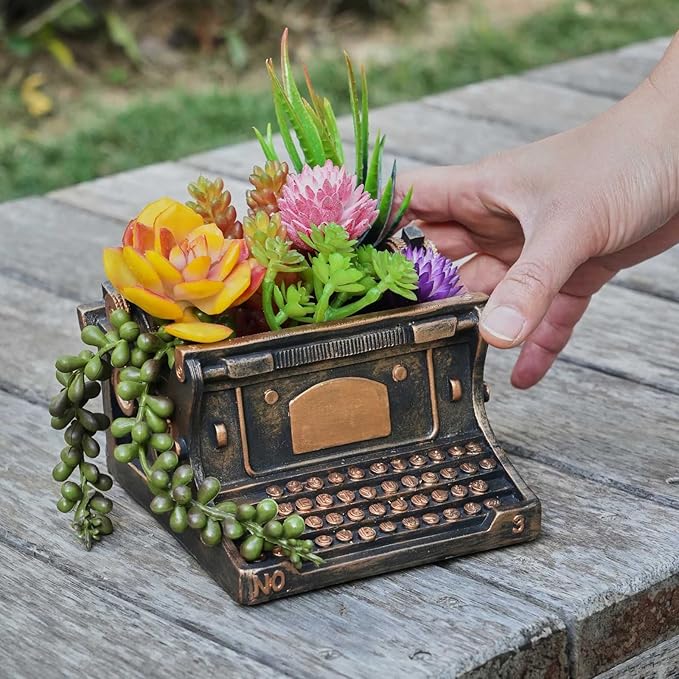 Typewriter Decorative Planter Plant Gift - Desk Decor Succulent Pot for Indoor Plants Typewriter Home Shelf Office Decor Small Flower Pot with Drainage