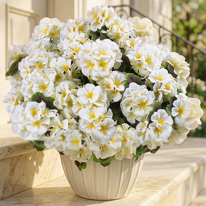 lovemoon 16 Pcs Artificial Geranium Plant with Realistic Silk Flowers and Green Leaves，Faux Geranium Flowers for Indoor Outdoor Home Garden Office Decoration (16, White)