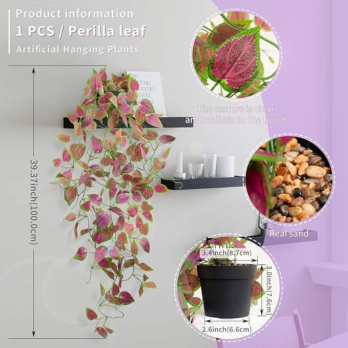 LOYWREE 2 Pack Artificial Purple Ivy Hanging Vine Plants - Small Potted Long Trailing Cascading Foliage, Gothic Home Decor for Indoor/Outdoor, Office, Garden & Shelf (Black Pot)