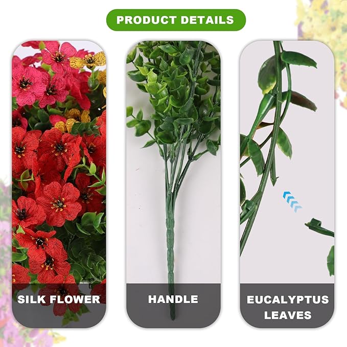 ADXORA 24 Bundles Artificial Flowers,Faux Plants for Spring Summer Decoration, UV Resistant Colorful Violets Eucalyptus for Outside Home Planter Porch Patio Yard Decor