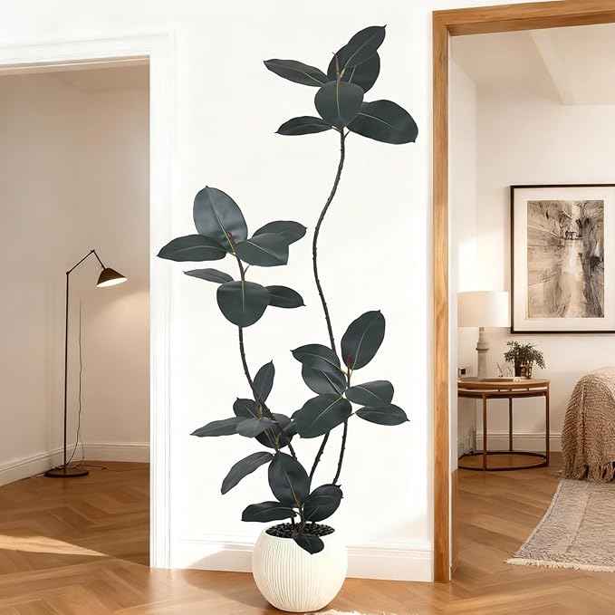 Artificial Rubber Tree 6FT(72in) Tall Faux Trees with Realistic Leaves, Fake Rubber Floor Potted Artificial Plants for Home Office Living Room Indoor Outdoor Decor (6feet,1Pack)