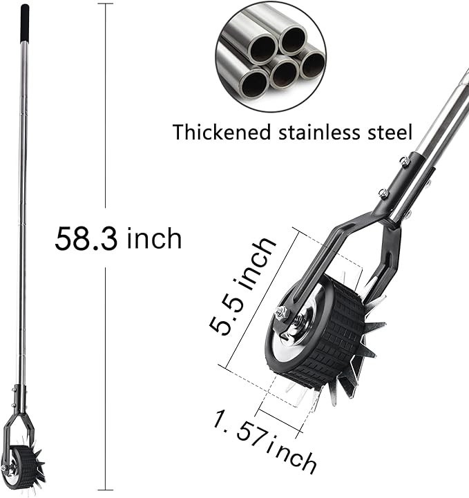BARAYSTUS Wheel Rotary Edger Lawn Tool, Grass Edge Trimmer, Sidewalk Manual Lawn Edger, Strong 3 Sections Stainless Steel Handle with Cushion Grip, 58.3-Inch
