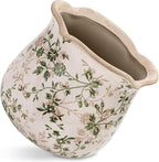 Vintage Ceramic Planter Pot with Drainage Holes, Green Floral Design, 6.11 Inch, Distressed Tuscan Style, Indoor Plant Pot and Vase (Sage Beige)