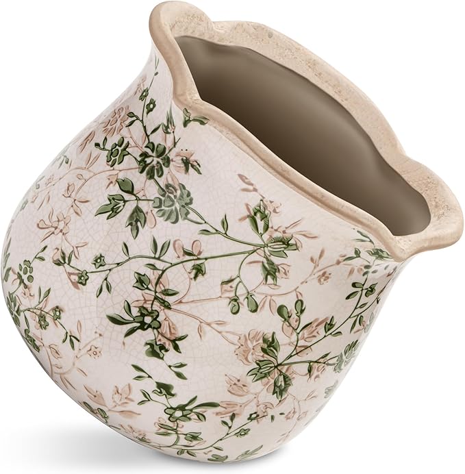 Vintage Ceramic Planter Pot with Drainage Holes, Green Floral Design, 6.11 Inch, Distressed Tuscan Style, Indoor Plant Pot and Vase (Sage Beige)