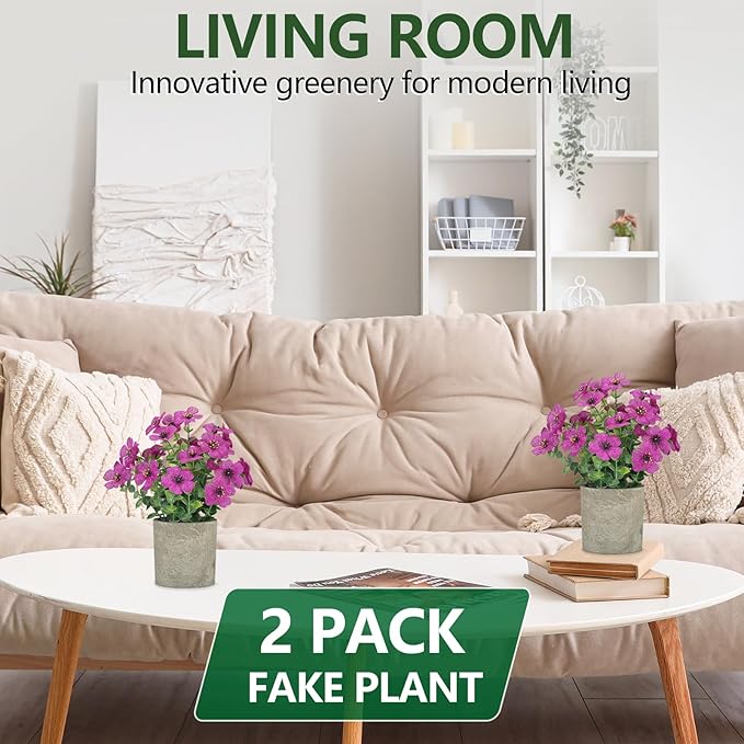 2 Pack Small Fake Plants Potted Artificial Plants Artificial Flowers Potted Faux Flower Daisy with Eucalyptus Leaves for Home Decor Office Room Farmhouse Indoor Table Bathroom Decor（Purple）