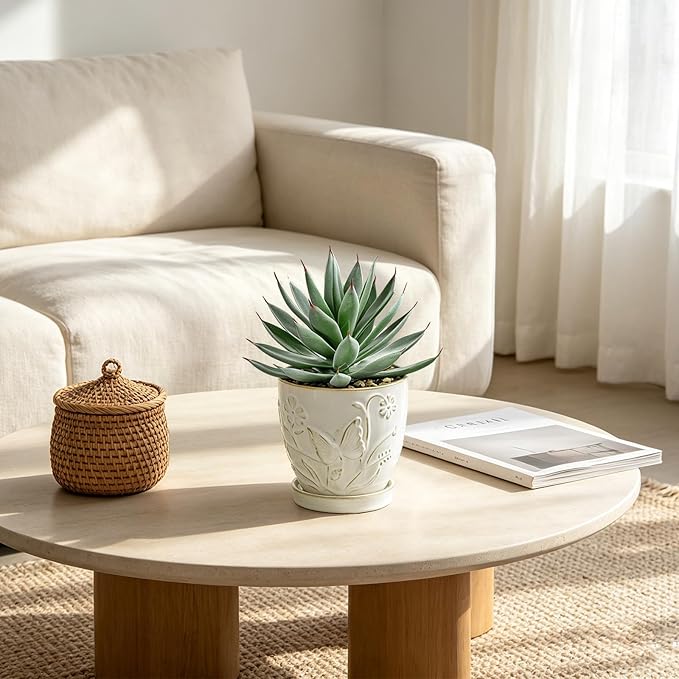 Briful Artificial Succulent Plant in White Ceramic Planter with Saucer, Small Fake Agave Plant, Faux Plant Indoor for Desk, Bathroom, Shelf, Office, Farmhouse Home Decor, 9 Inch