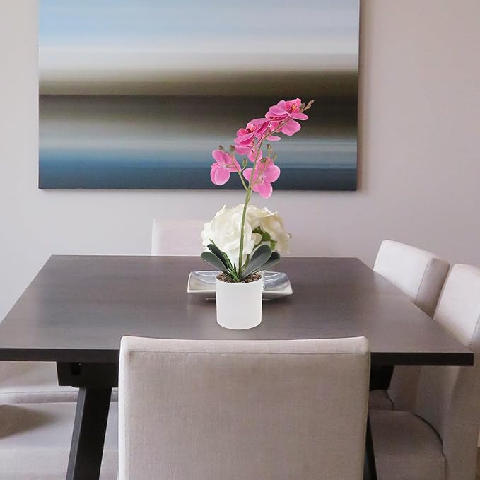 Artificial Phalaenopsis Bonsai Orchid Flower Pot, Lifelike Faux Potted Plant with 8 Purple Blooms, Realistic Indoor Home Décor Table Centerpiece for Living Room and Office