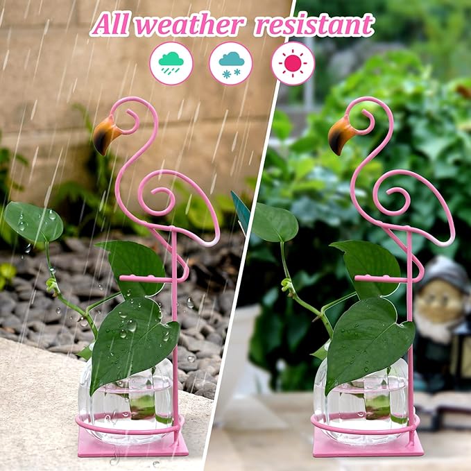 Desktop Glass Planter Vase Holder, esktop Glass Planter Hydroponics Vase，Metal Flamingo Plant Terrarium， Stand for Plants Creative Decorations for Home Patio Lawn Garden