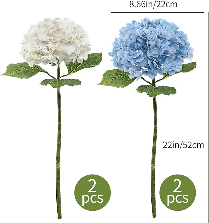 Coferset 4Pcs Hydrangea Artificial Flowers Lifelike Faux Hydrangea Real Touch Artificial Flowers for Outdoors Home Wedding Christmas Office Party Living Room Decoration,22inch(2 White+2 Baby Blue)