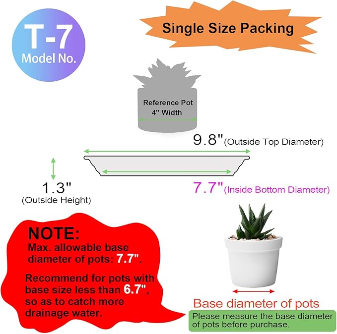 Plastic Plant Saucer 10 inch (7.7" at Base) Pack of 6, Plant Trays for Indoors, Thick Durable Strong Planter Saucer Pot Dish Plate Drip Trays for Outdoors