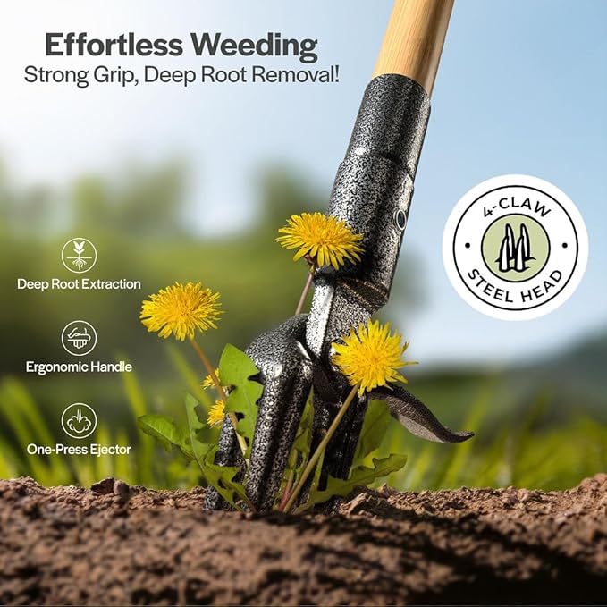 Weed Puller Tool, Stand Up Heavy Duty Weed Remover Tool with Long Handle , Foot Platform Design - 4 Claw Steel Head Weeder Tool, Bamboo Garden Hand Weeding Tool, Smoothly Remove Weeds Without Kneeling