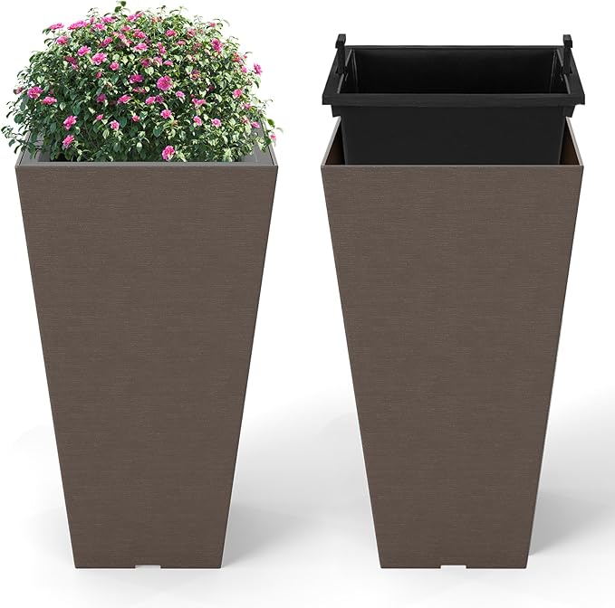 Giantex Square Taper Planter Set of 2, Self-Watering Flower Pots with/Removable Inner Bucket & Drainage Holes, Indoor Outdoor Decorative Plant Container for Porch Balcony (Brown,11.5"x11.5"x22.5")