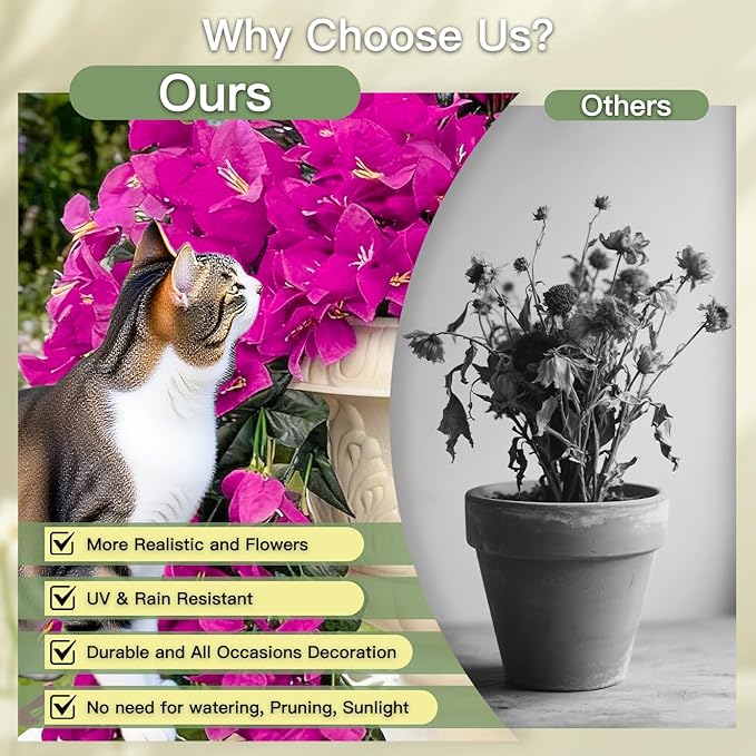 Artificial Flowers for Outdoors Fake Fuchsia Bougainvillea Hanging Flower Decoration, 2Pcs Realistic Faux Silk Plants Long Trailing Vines, Spring Decor for Porch Patio Balcony Planter Yard