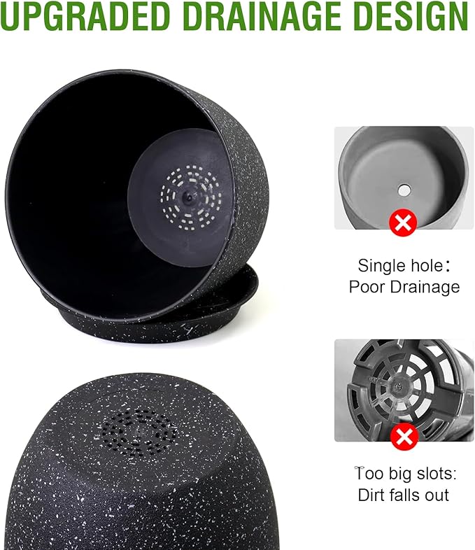 WSMKSZ Plant Pots 10/9/8 inch, Set of 3 Modern Decorative Plastic Planters with Drainage Holes and Saucers for Garden House Plants, Flower Pots for Indoor Outdoor Plants, Speckled Black