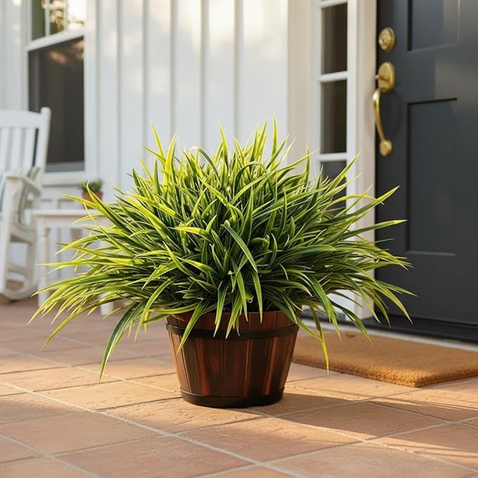 24 Bundles Artificial Outdoor Plants UV Resistant Fake Grass Plants Faux Plastic Greenery Shrubs for Home Garden Pathway Window Box Front Porch Spring Summer Decor, Green