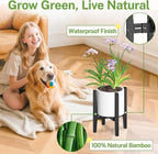 iDavosic.ly Adjustable Plant Pot Stand 2 Pack Indoor Outdoor, Mid Century Modern Bamboo Short Single Flower Holder Fits 8 to 12 Inch Large Heavy Duty Planter (Not Included) | Black