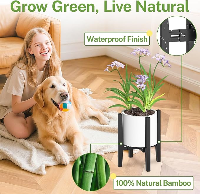 iDavosic.ly Adjustable Plant Pot Stand 2 Pack Indoor Outdoor, Mid Century Modern Bamboo Short Single Flower Holder Fits 8 to 12 Inch Large Heavy Duty Planter (Not Included) | Black