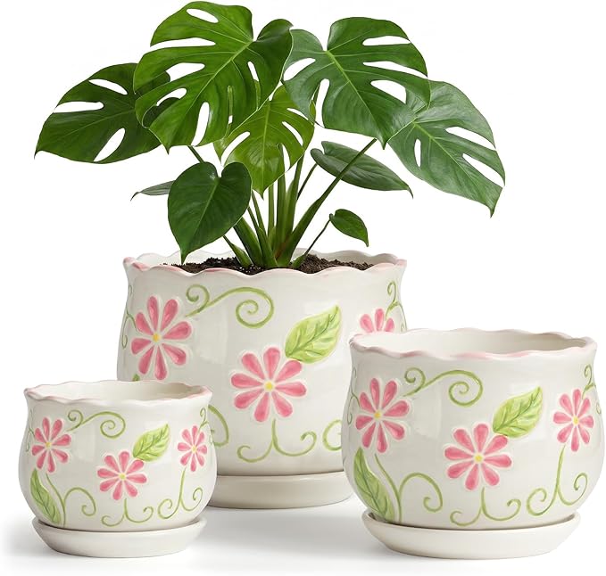 Pink Ceramic Flower Pots, 4"+5.2"+6.6" Inch Small Flower Pots for Indoor Plant with Drainage Hole,Modern Decorative Plant Pots Set of 3, Indoor Planters with Saucer