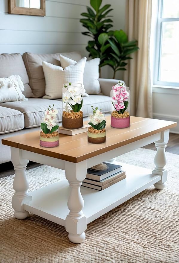 White Orchids Artificial Flowers with Vase, Small Faux Orchid Arrangement Fake Orchids Plant in Terrarium Jar Small White Orchid Centerpieces for Kitchen Dining Room Tables Bathroom Nightstand Decor