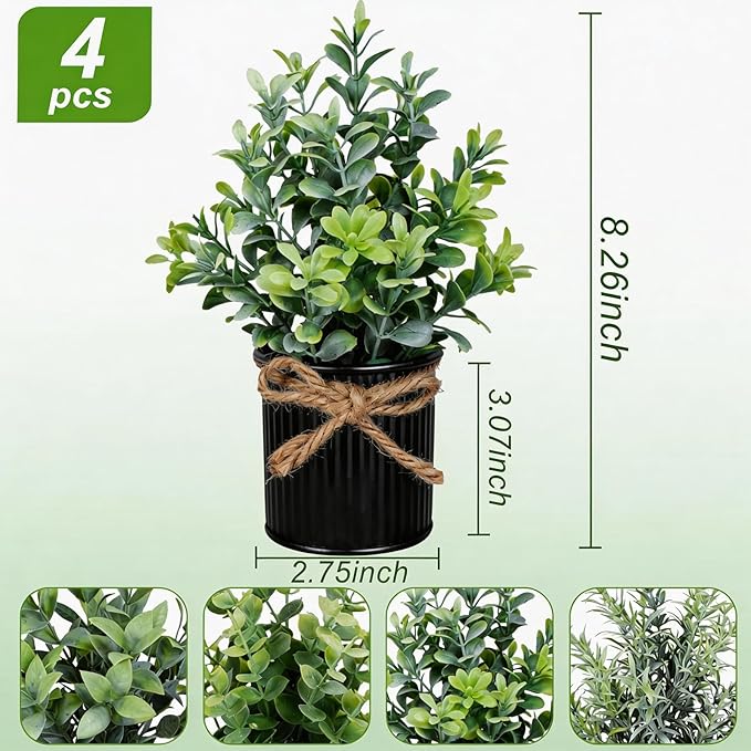 4 Potted Artificial Plants Metal Fake Potted Plant with Iron Pot Mini Greenery Decor Small Faux Plants for Indoor Farmhouse Home Porch Garden Bathroom Room Décor Black