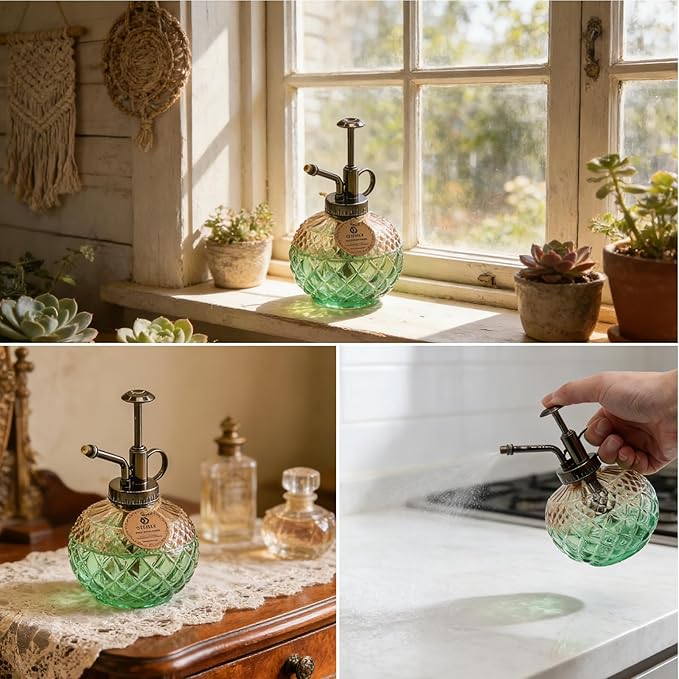 OFFIDIX Plant Mister Spray Bottle,Glass Decorative 300ML Vintage Watering Small Indoor Watering Can with Plastic Pump for Indoor Plants,Garden,Cleaning（Brown Green Gradient）