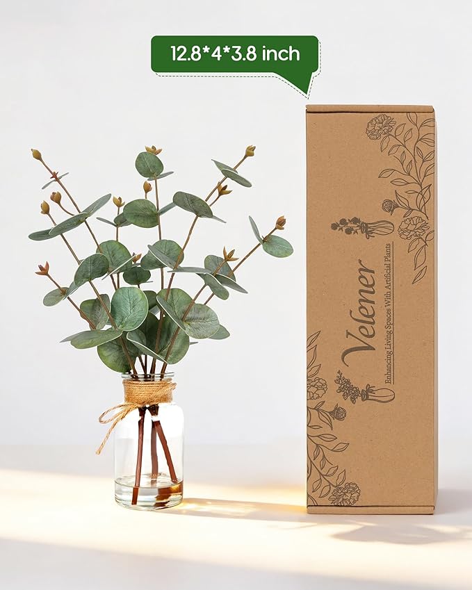 Velener Faux Eucalyptus Stems in Vase with Faux Water, Fake Plants Artificial Eucalyptus Plant for Home Decor, Kitchen Bathroom Farmhouse Living Room Coffee Table Faux Centerpieces for Tables Green