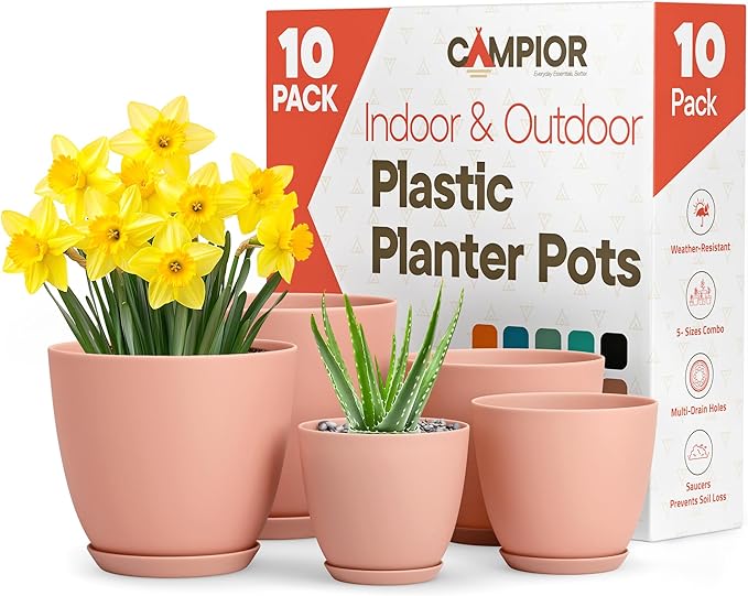 Planter Pots with Drainage Holes - Lightweight, Durable, and Space-Saving Pots for Indoor and Outdoor - Versatile Functionality, Simple Modern Design, Set of 10 Plastic Planter Pots - Pink