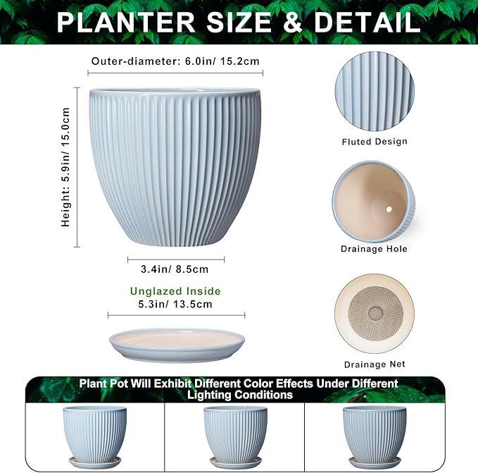 Ceramic Flower Pots, 6 Inch Plant Pot for Indoor Plants, Modern Ceramic Planter with Drainage Hole and Saucer, Small Orchid Pots, Home Decor, Gifts for Plant Lovers Women Men, Light Blue