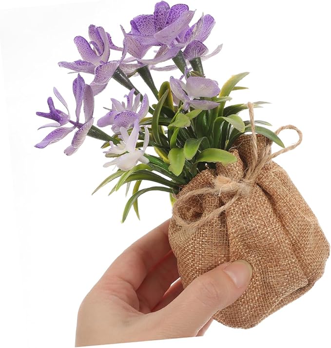 Faux Phalaenopsis Orchid Plant in Pot, Realistic Artificial Plastic Flower, Home Decoration for Living Room Office Bedroom, Potted Faux Flower with Jute Bag