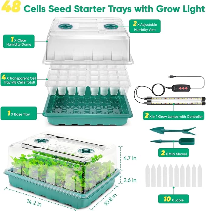 48 Cell Seed Starter Tray with Grow Light, Seed Starter Kit with Adjustable Humidity Dome, Seed Starting Trays Plant Starter Kit for Seeds Growing Starting, Indoor Gardening, Greenhouse