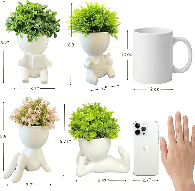 4 Packs Creative Small Fake Plants Artificial Succulents in Ceramic Human Shaped Pots Cute Office Plants For Desk Home Decor Funny Premium Ceramic Faux Succulent Perfect Humorous Gift Idea (4, white)