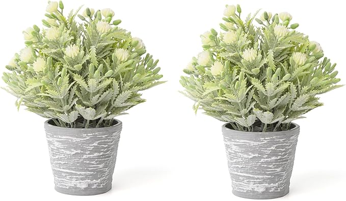 2 Pack Small Desk Plants, Artificial Bathroom Plants Decor with Flower in Vintage Melamine Pots, Faux Plants Indoor for Shelf Decor in Home Office, and Spring Decor (Ivory White)