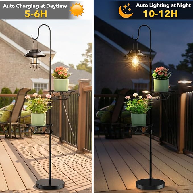 60.62'' Shepherd's Hook Stand Plant with Solar Lantern, Outdoor Floor Lamp, Wind Chime Hanger Stand, Waterproof Metal Adjustable Height Standing Pole Holder & Light for Patio Decor (2 Placement Racks)