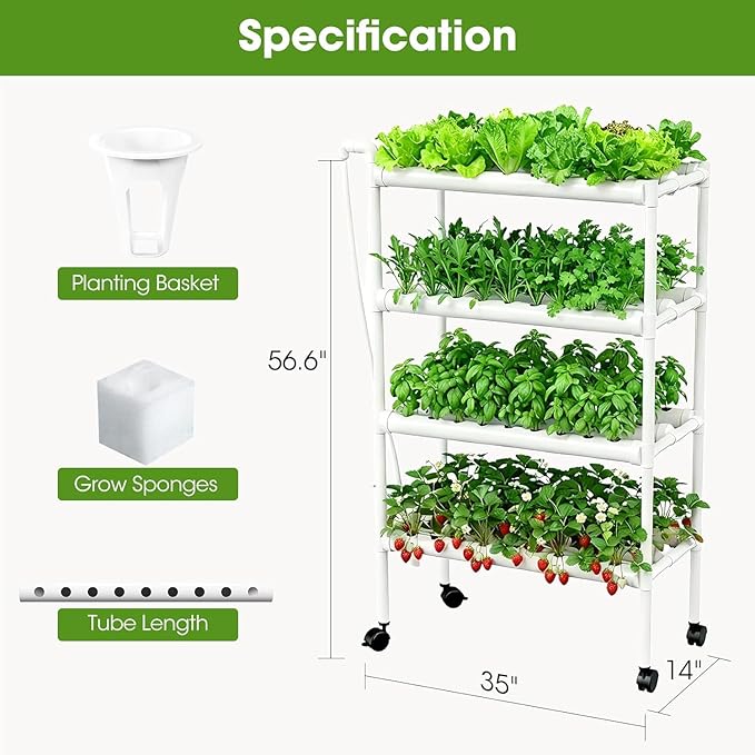 Hydroponics Growing System Kit with Wheels, 108 Plant Sites Gardening Aquaponics Tower, 4-Tier Food-Grade PVC-U Pipes Water Pump Timer for Leafy Vegetables, Indoor, Outdoor (34"x62"x15" in 108 Holes)