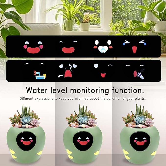 Smart Plant Pot with Expression, AI Intelligent Flower Pot for Indoor Decoration, Smart Garden Pot with Water/Light/Temperature Sensors, Ivy AI Planter (Green（Big）)