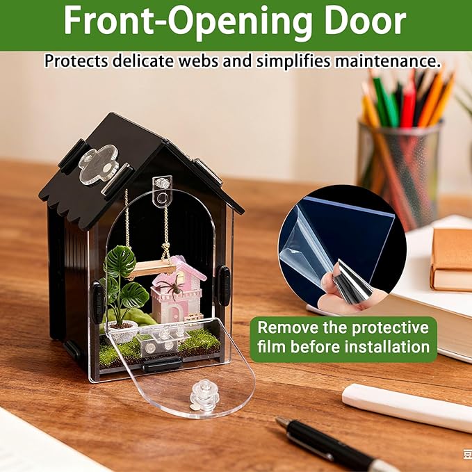 Jumping Spider Enclosure Kit, 3.15x3.15x5.6 Inch Acrylic Terrarium with Magnetic Lock & Feeding Hole, Escape-Proof Mini Habitat for Tarantula, Mantis, Reptiles, Cricket Keeper
