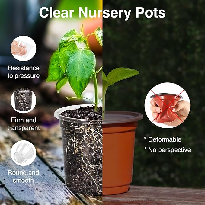 Bonviee 30 Packs 7/5/4 Inch Clear Nursery Pots for Plants, Plastic Seedling Pots with Drainage Holes, Planters for Indoor Plants and Transparent Seed Starter Pots with 10 Plant Labels