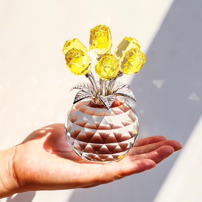 YWHL Handmade Crystal Yellow Rose Flower Figurine With Round Vase, Romantic Gifts for Wife Mom on Anniversary Birthday Mother's Day, Glass Flower for Sister Friends, Wedding Home Decorations