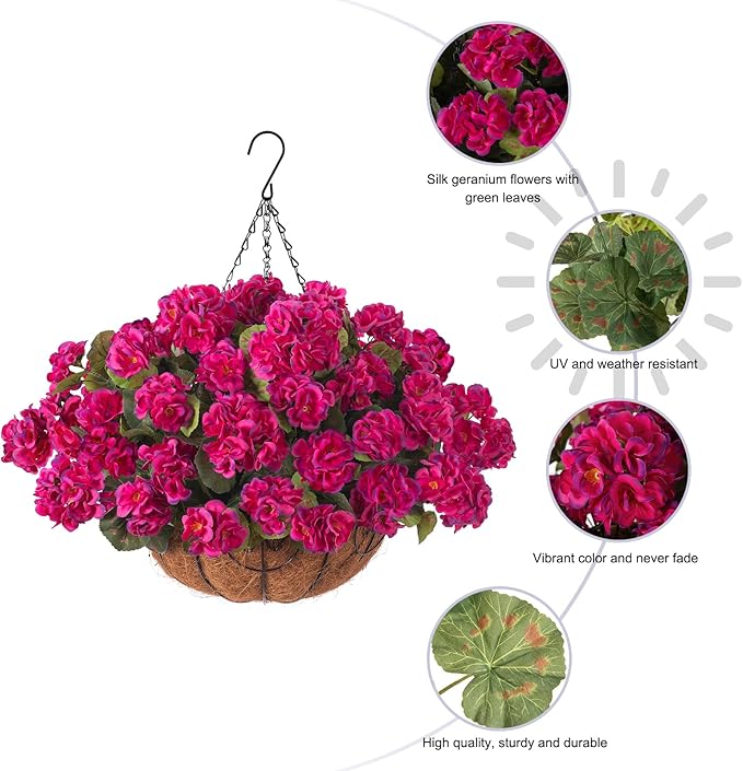 INSPRING Geraniums Artificial Flowers Hanging Basket for Outdoors Outside Spring Decoration, 8 Bundles Silk Flowers Fake Plants Look Real UV Resistant for Porch Home Patio Balcony Yard, Fuchsia