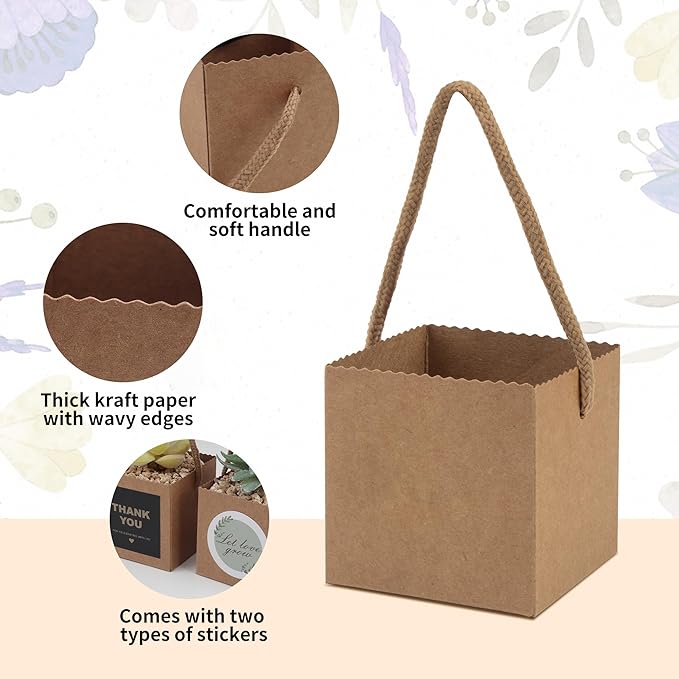 Temlum 2.5 Inch Succulent Wrap Bags (Fits 2.5″ Pots) with Thank You & Let Love Grow Stickers, Small Gift Box for Wedding, Baby Shower, Succulent Party Favors for Guests (Brown 100pcs)