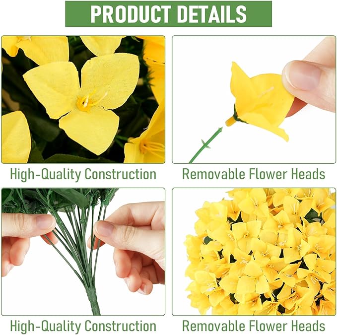 ATTGREAT Artificial Bougainvillea for Outdoors Faux Plants UV Resistant Flowers Fake Plastic Plants Realistic Silk Flowers for Porch Planter Garden Outside Hanging Decoration, 2Pcs (Yellow)