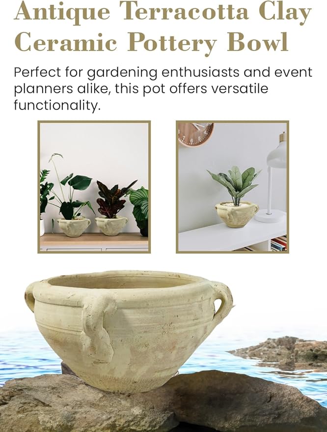 Serene Spaces Living, Antique Terracotta Clay Ceramic Pottery Bowl, 10 Inches x 5 Inches Vintage Decorative Bowls for Plants, Home Decor, and Events
