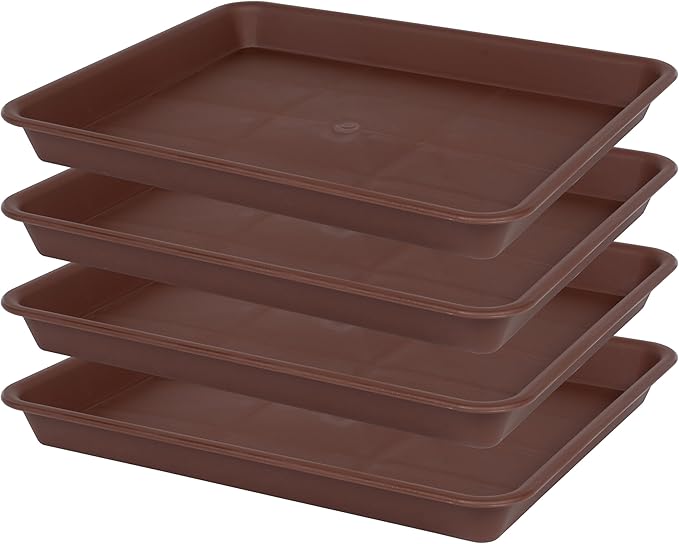 VUWEZ 4 Pack Plant Saucer Tray Rectangular, Plant Saucers for Indoors, Heavy Sturdy Plastic Plant Drainage Trays, Plant Drip Trays for Pots, Seed Starter Growing Tray (11 x 9 inch, Chocolate)