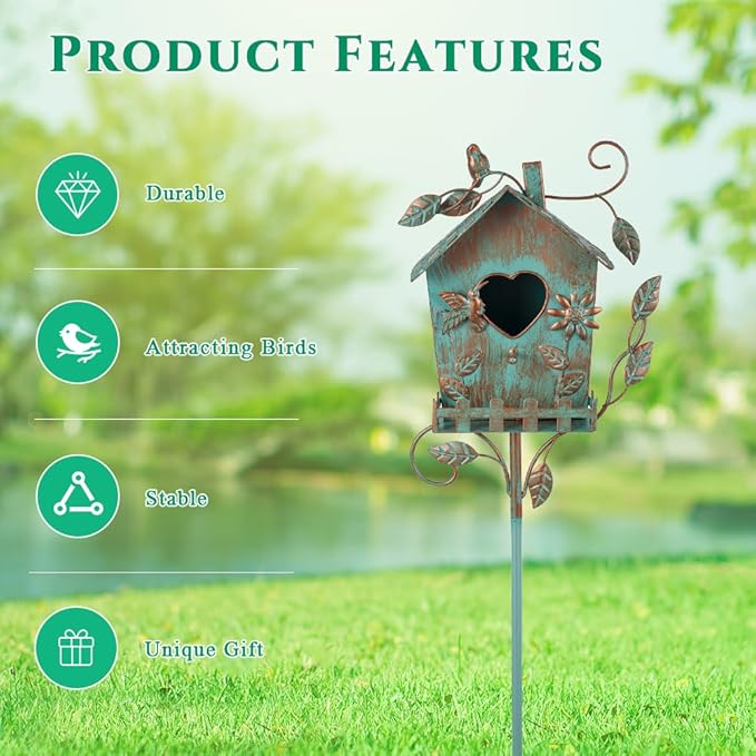 DREAMSOUL 48" Rustic Bird Houses for Outside Metal Bird House Pole, Decorative Green Birdhouse for Patio, Yard, Garden