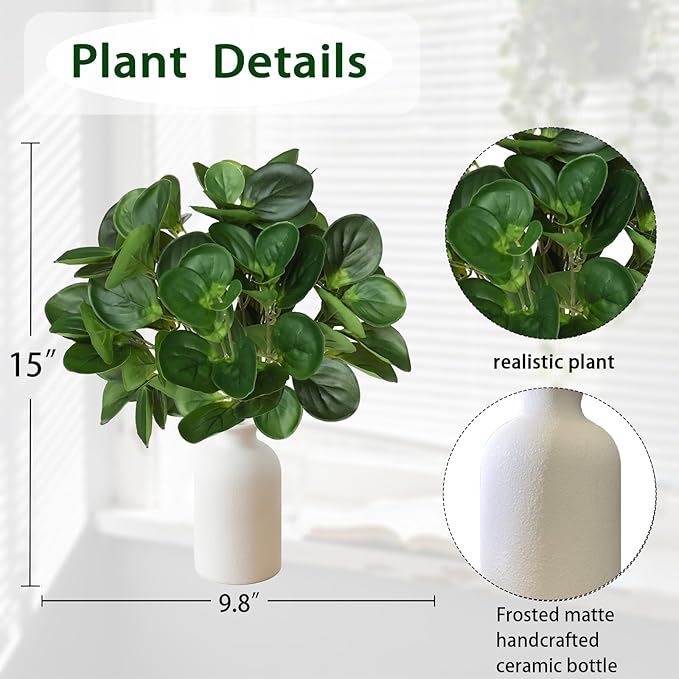 15" Artificial Eucalyptus Stems Potted Plant - Realistic Small Fake Desk Plants for Office Home Decor, Faux Plants in Frosted Ceramic Vase for Indoor Spaces, Wedding Centerpieces Table Decor（2pcs leaf
