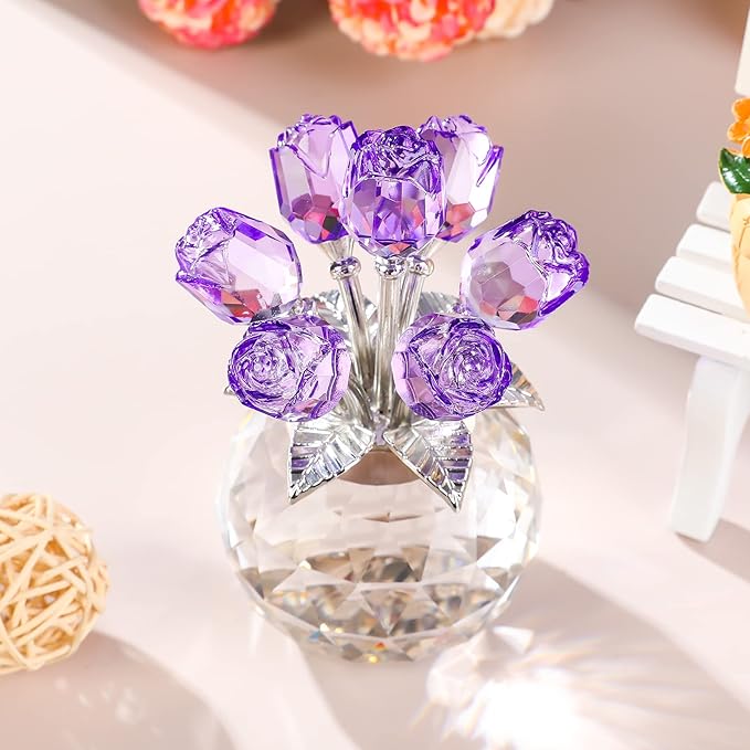 YWHL Handmade Crystal Purple Rose Flower Figurine with Round Vase, Rose Gifts for Girlfriend Wife Sister, Romantic Gifts for Mom on Anniversary Mother's Day Birthday, Wedding Home Decorations